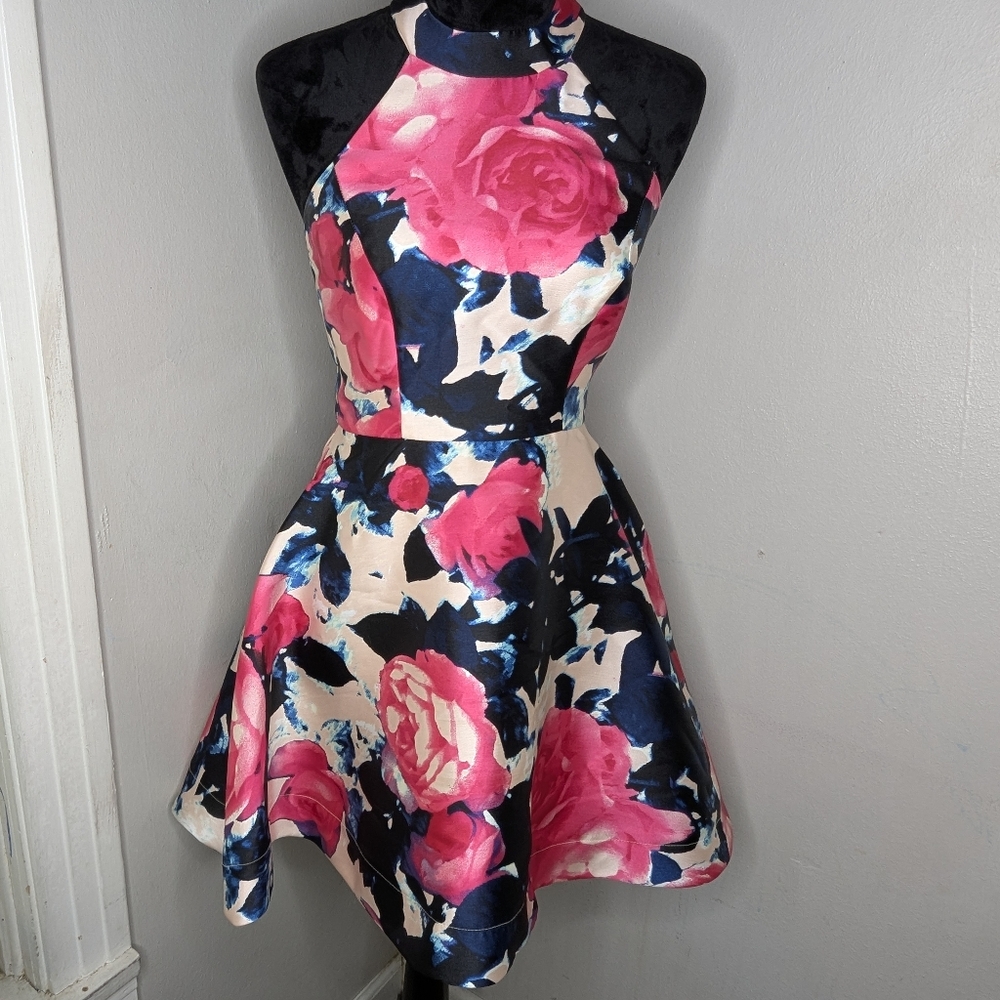 Floral Halter Dress with Pink and Blue Pattern